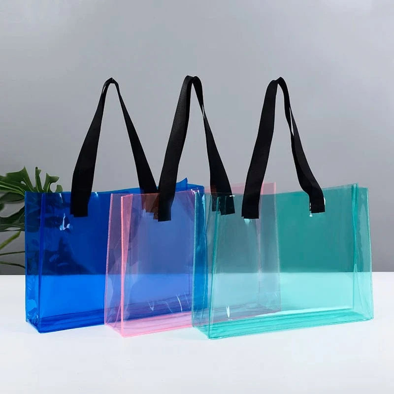 ready to ship can custom logo Luxury Large Handbags Women Tote Bag Pvc Iridescent Holographic Tote Beach Bag PU ribbon handles