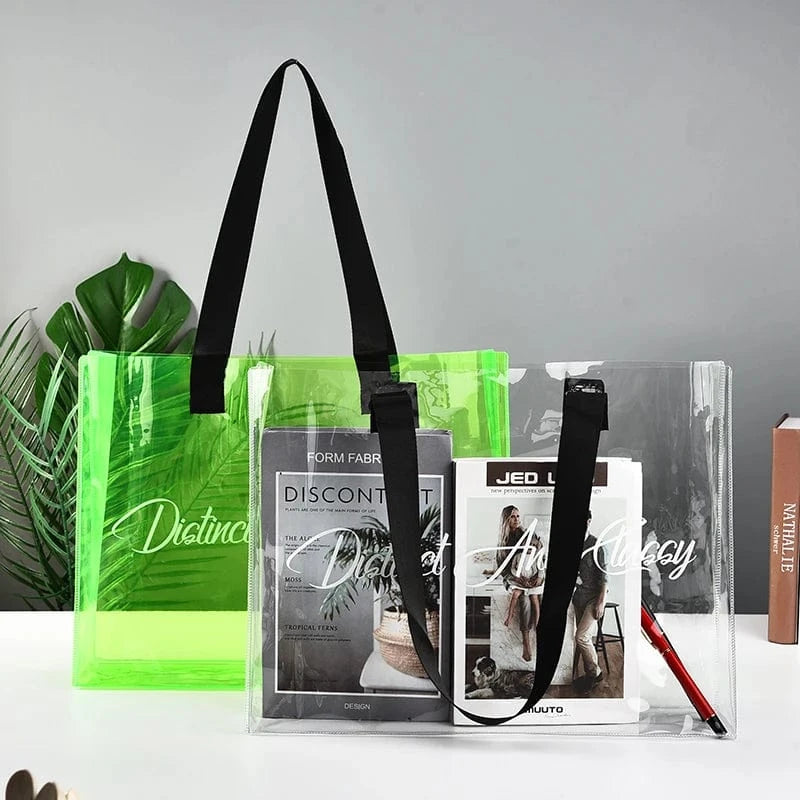 ready to ship can custom logo Luxury Large Handbags Women Tote Bag Pvc Iridescent Holographic Tote Beach Bag PU ribbon handles