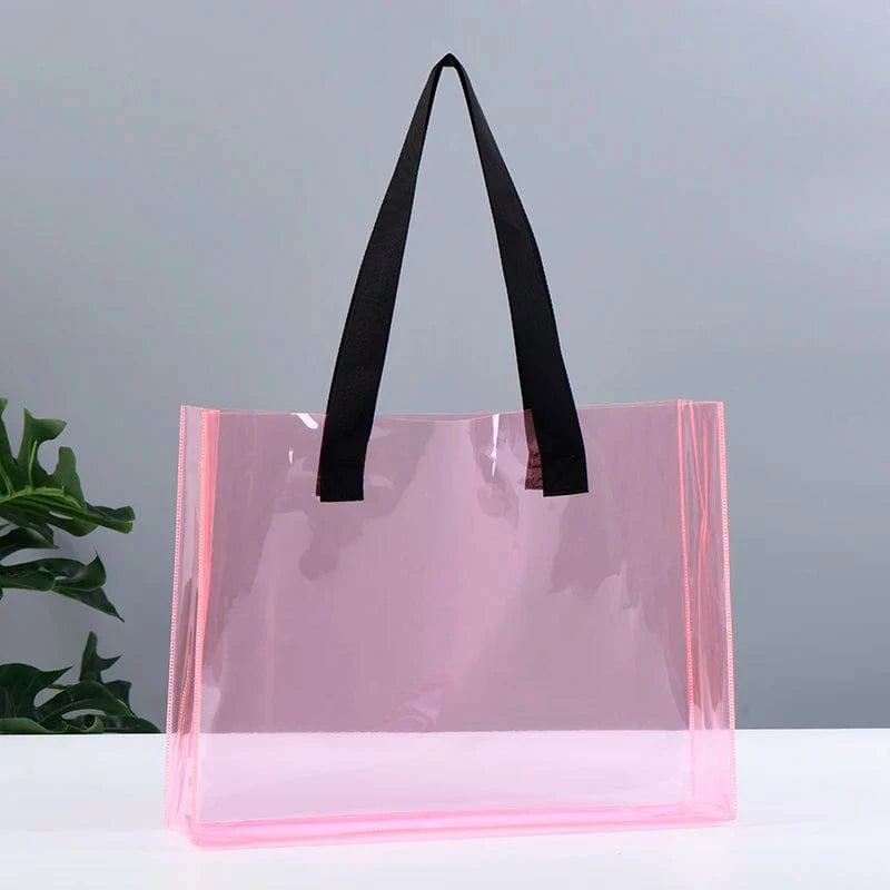 ready to ship can custom logo Luxury Large Handbags Women Tote Bag Pvc Iridescent Holographic Tote Beach Bag PU ribbon handles