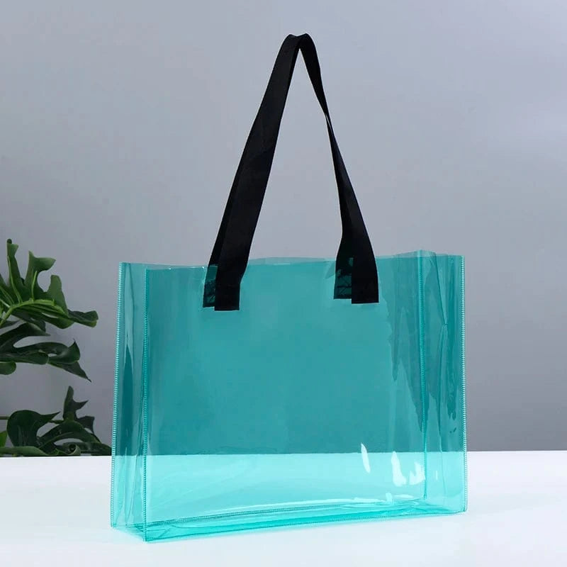 ready to ship can custom logo Luxury Large Handbags Women Tote Bag Pvc Iridescent Holographic Tote Beach Bag PU ribbon handles
