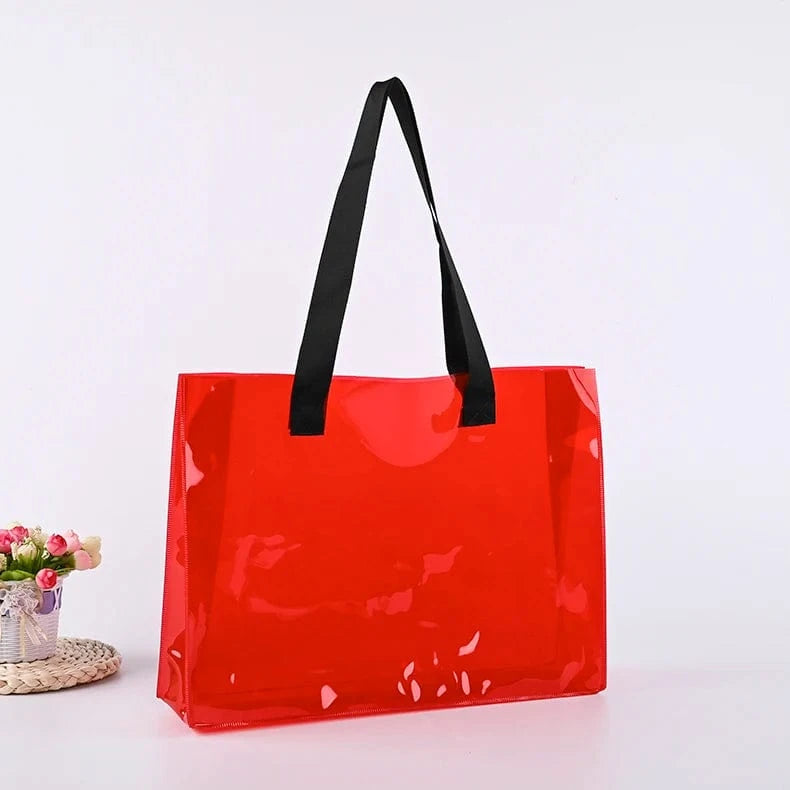 ready to ship can custom logo Luxury Large Handbags Women Tote Bag Pvc Iridescent Holographic Tote Beach Bag PU ribbon handles