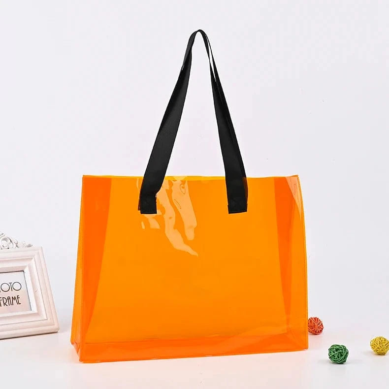 ready to ship can custom logo Luxury Large Handbags Women Tote Bag Pvc Iridescent Holographic Tote Beach Bag PU ribbon handles
