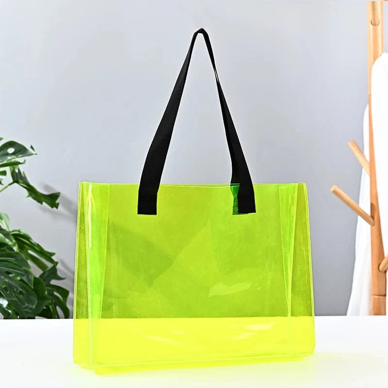 ready to ship can custom logo Luxury Large Handbags Women Tote Bag Pvc Iridescent Holographic Tote Beach Bag PU ribbon handles