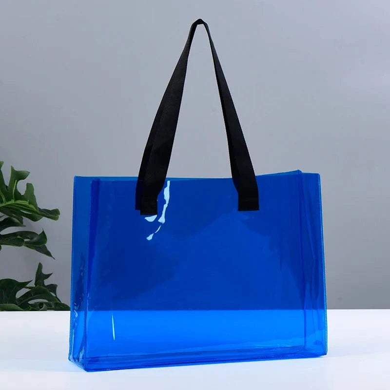 ready to ship can custom logo Luxury Large Handbags Women Tote Bag Pvc Iridescent Holographic Tote Beach Bag PU ribbon handles