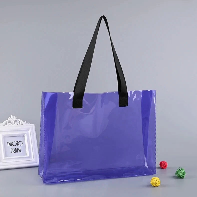 ready to ship can custom logo Luxury Large Handbags Women Tote Bag Pvc Iridescent Holographic Tote Beach Bag PU ribbon handles