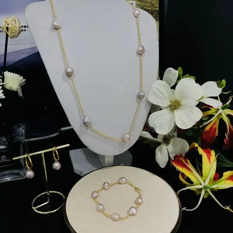 Real Oyster Fresh Water Necklace Bracelet Earrings Jewelries Pearl Set Jewelry Gold 2022 Natural Black Brass Flower 2 Sets NGTC