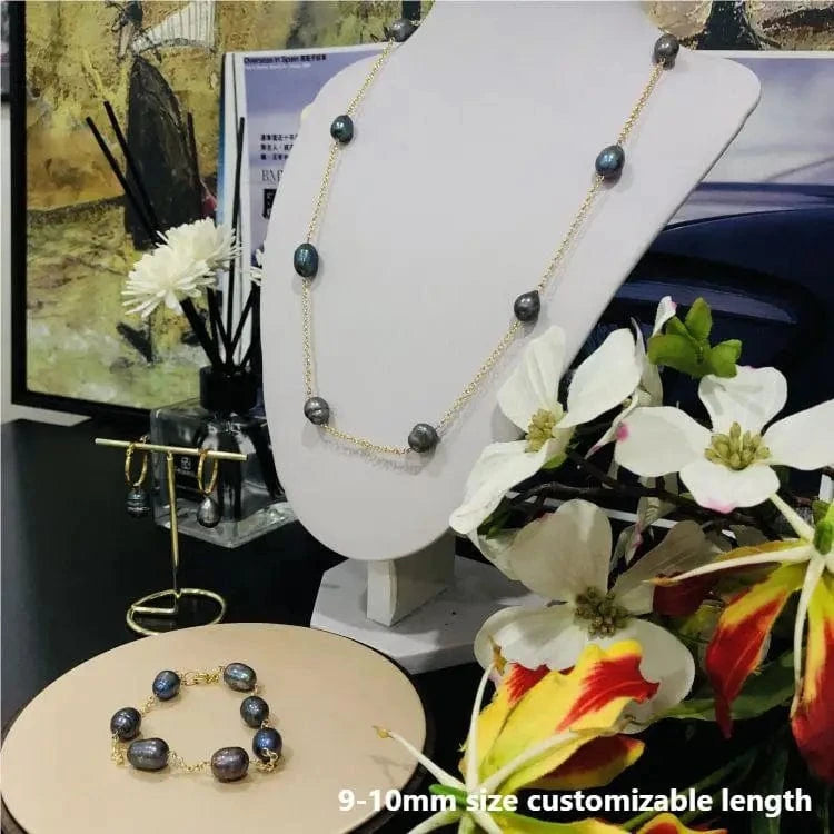 Real Oyster Fresh Water Necklace Bracelet Earrings Jewelries Pearl Set Jewelry Gold 2022 Natural Black Brass Flower 2 Sets NGTC