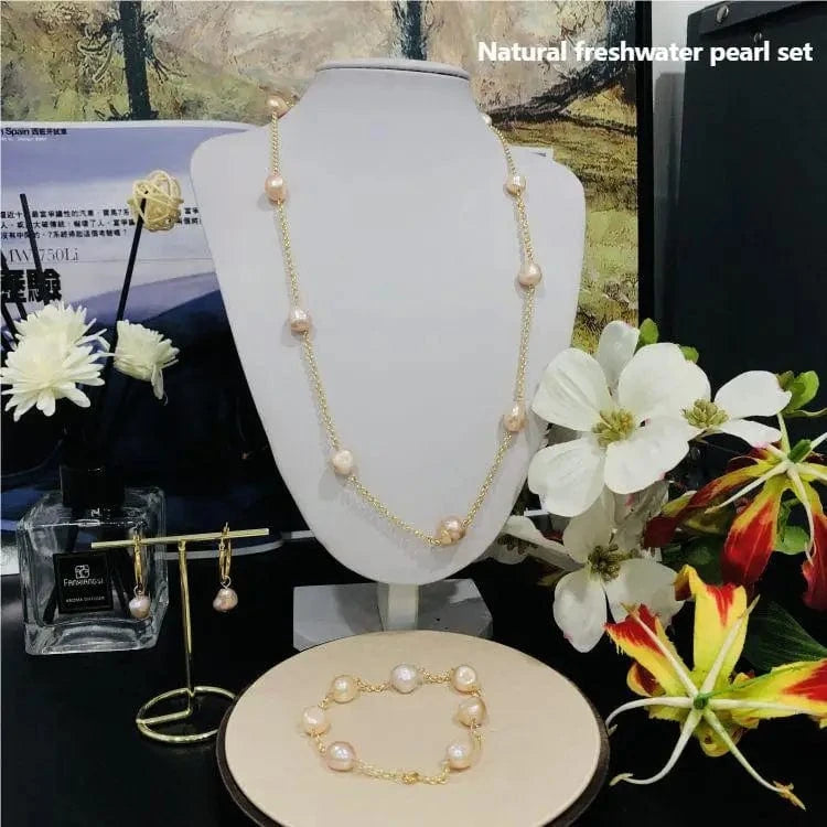 Real Oyster Fresh Water Necklace Bracelet Earrings Jewelries Pearl Set Jewelry Gold 2022 Natural Black Brass Flower 2 Sets NGTC