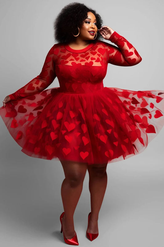 Red / 0XL Plus Size Cocktail Party Red Graphic Round Neck Long Sleeve See Through Tulle Mini Dresses