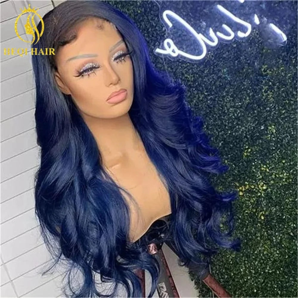 Red / 26 Inches Dark Blue Color Human Hair Lace Front Wig Body Wave Pre plucked Lace Frontal Wigs With Baby Hair For Women Middle/Side Part Wig