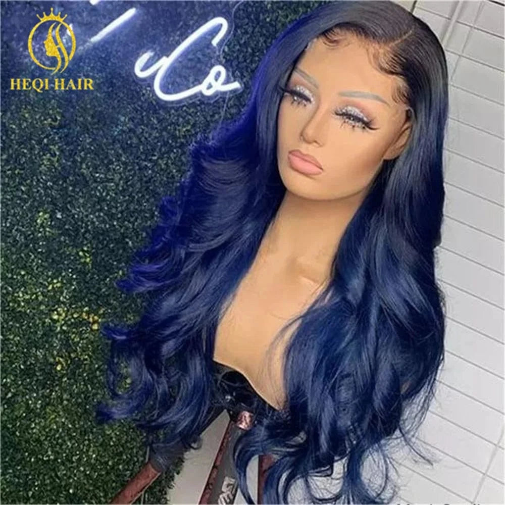 Red / 26 Inches Dark Blue Color Human Hair Lace Front Wig Body Wave Pre plucked Lace Frontal Wigs With Baby Hair For Women Middle/Side Part Wig