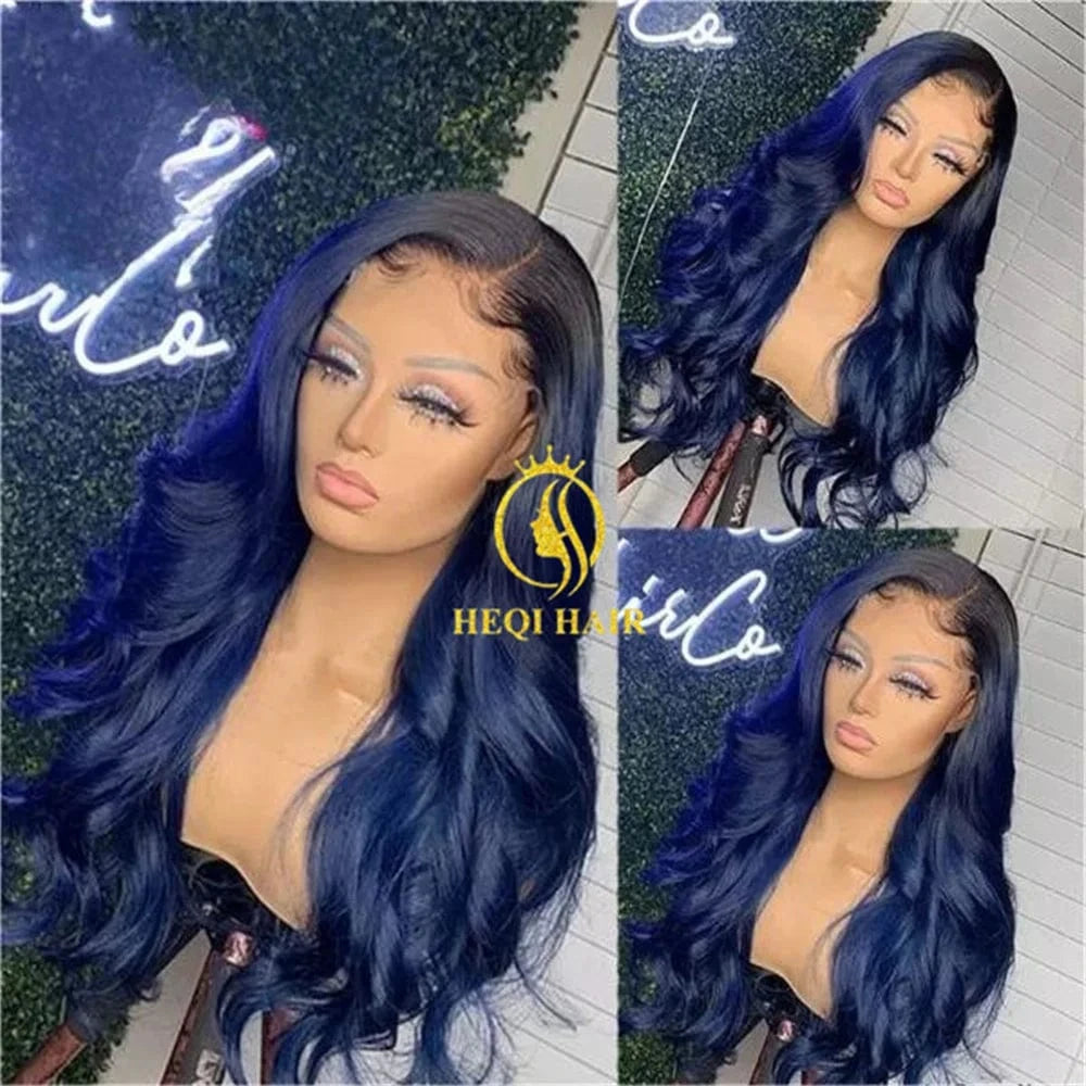 Red / 26 Inches Dark Blue Color Human Hair Lace Front Wig Body Wave Pre plucked Lace Frontal Wigs With Baby Hair For Women Middle/Side Part Wig
