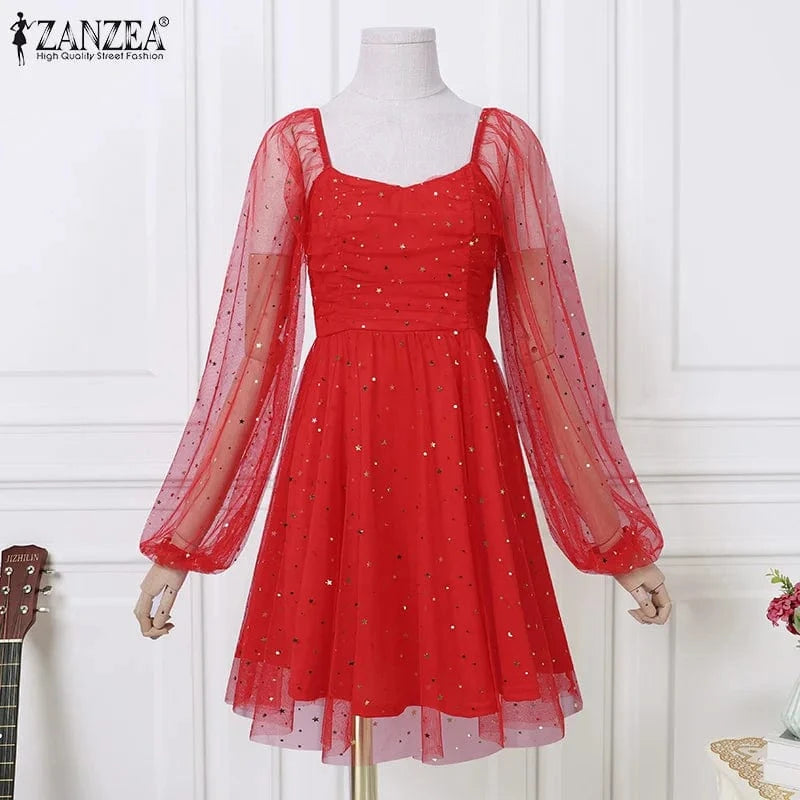 Red / 5XL ZANZEA Elegant Women Dress 2024 Spring Summer Lace Patchwork Knee Length Dresses Casual Solid Long Sleeve A-line Oversized Robe