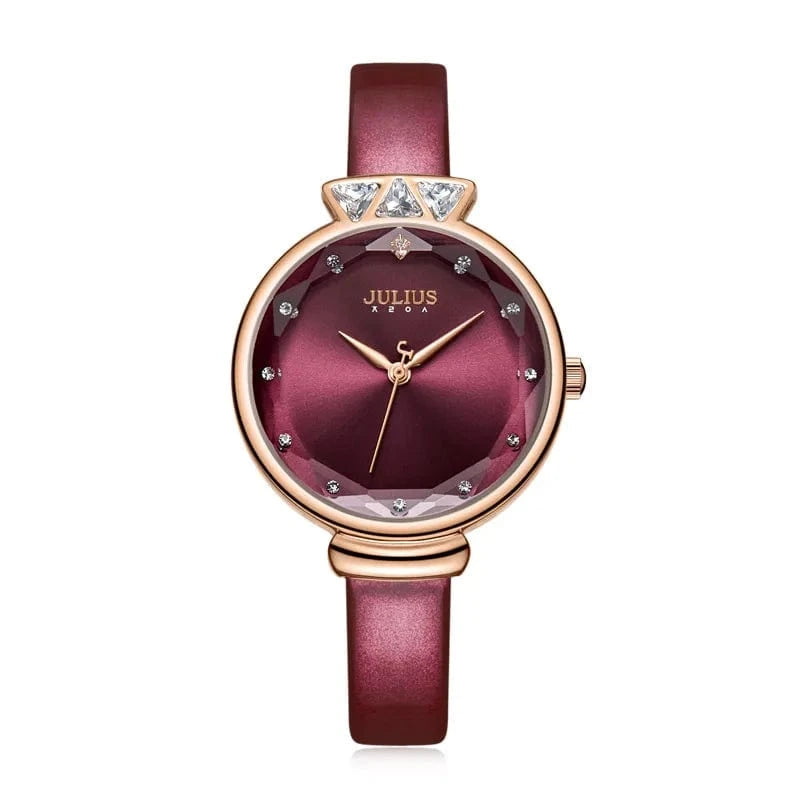 Red Aquarius CZ Julius Lady Women's Watch Japan Quartz Fashion Rhinestones Hours Bracelet Real Leather Girl's Gift Box