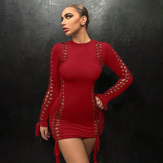 Red Dress Long Sleeve for 2024 Valentine Day Dresses Woman Cutout Bodycon Shape Wear Valentines Mini Dress