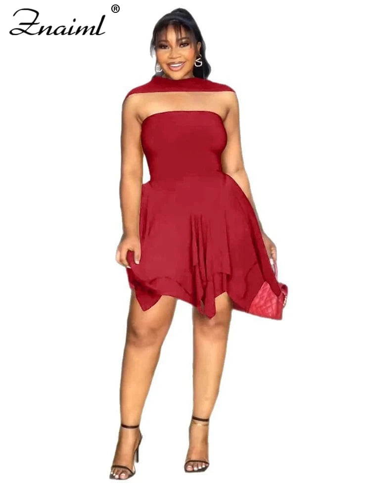 red dress / M Znaiml Strapless V Backless Birthday Prom Night Evening Ruffle A-Line Mid Dresses Women Sexy Bodycon Sheath Black Vestidos 2025