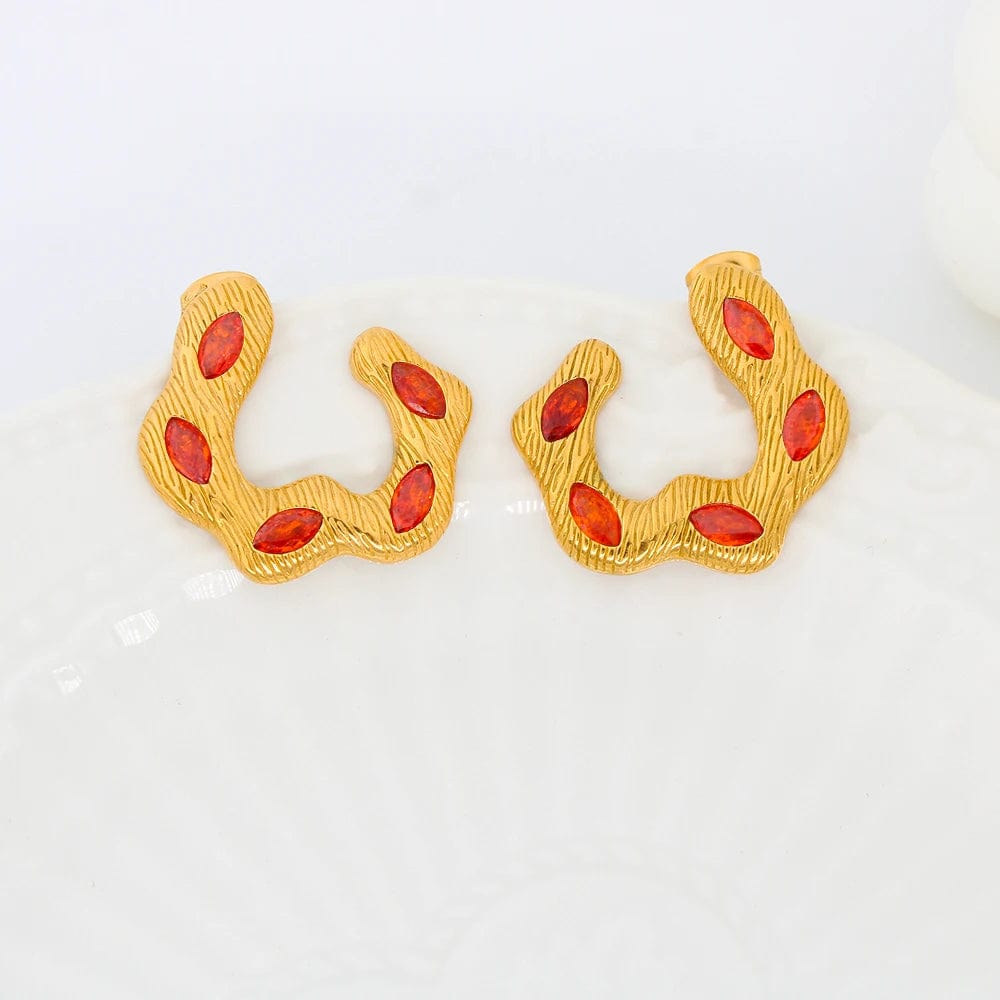 Red FANJIN Wholesale Fashion New Custom Candy Color Stainless Steel Jewelry Iced Out Cubic Zircon Baguette Stud Open Hoop Earrings