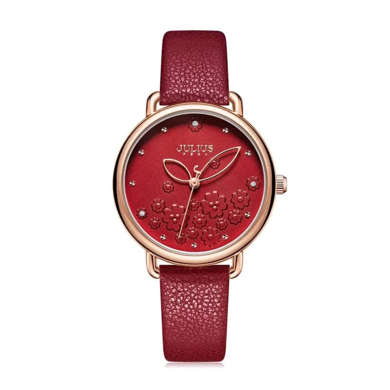 Red Four-leaf Clover Flower Elegant Women's Watch Japan Mov't Lady Hours Fine Fashion Real Leather Bracelet Girl's Gift Julius Box