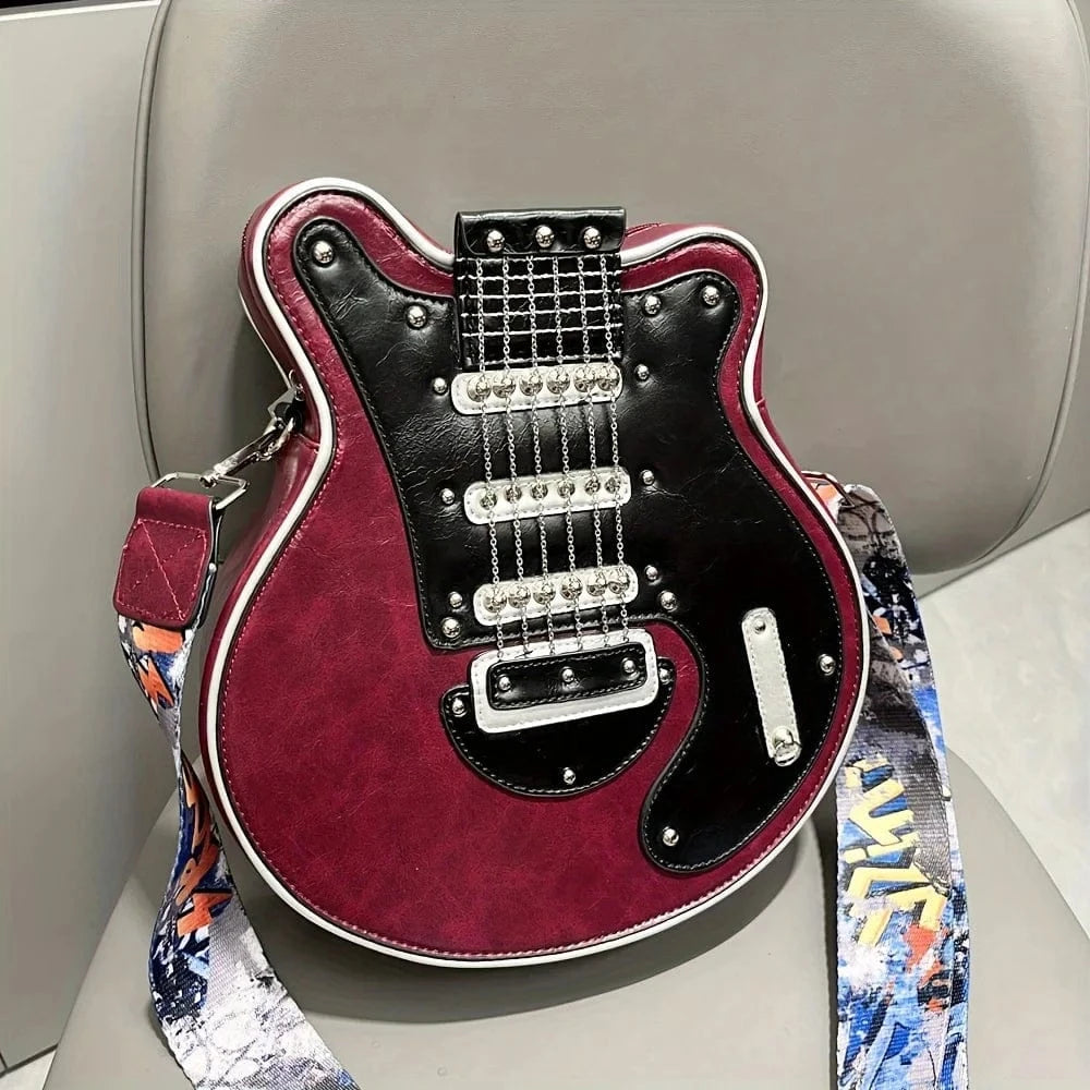 Red Guitar Shaped Unique Purses for Women Y2K Punk Creative Luxury Crossbody Bags Leather Novelty Handbags 2024