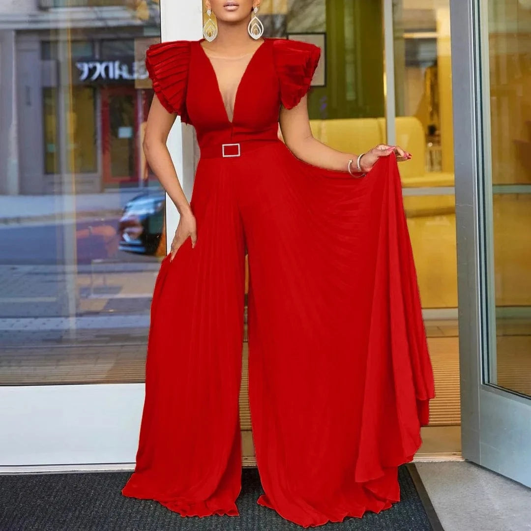 Red Jumpsuits / S Elegant Pleated Jumpsuits & Rompers for Women V Neck Ruffles Belt Waisted High Waisted Floor Length Luxury Birthday Party Outfit