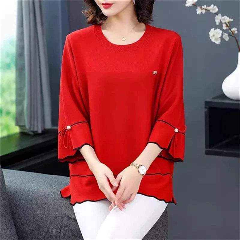 Red / L 6XL Mom Large Summer New Ice Silk Shirt 3/4 Sleeves Round necked T-shirt Knit Sweater Loose Top For Wearing Outwear Top Black