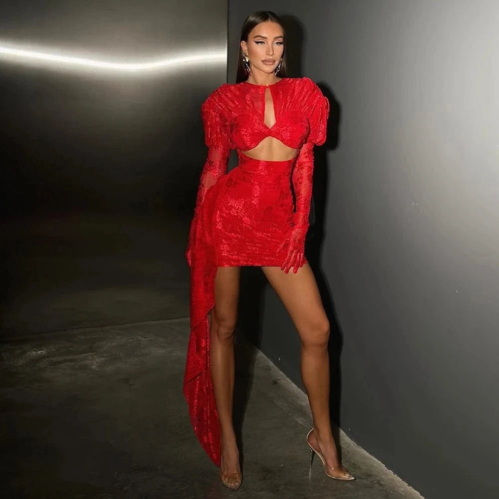 Red / L / CHINA Women's Sexy Lace Spice Girl Dress Haute Sense Hollow Out Irregular Pure Desire Dress Luxury Temperament Evening Party Dress