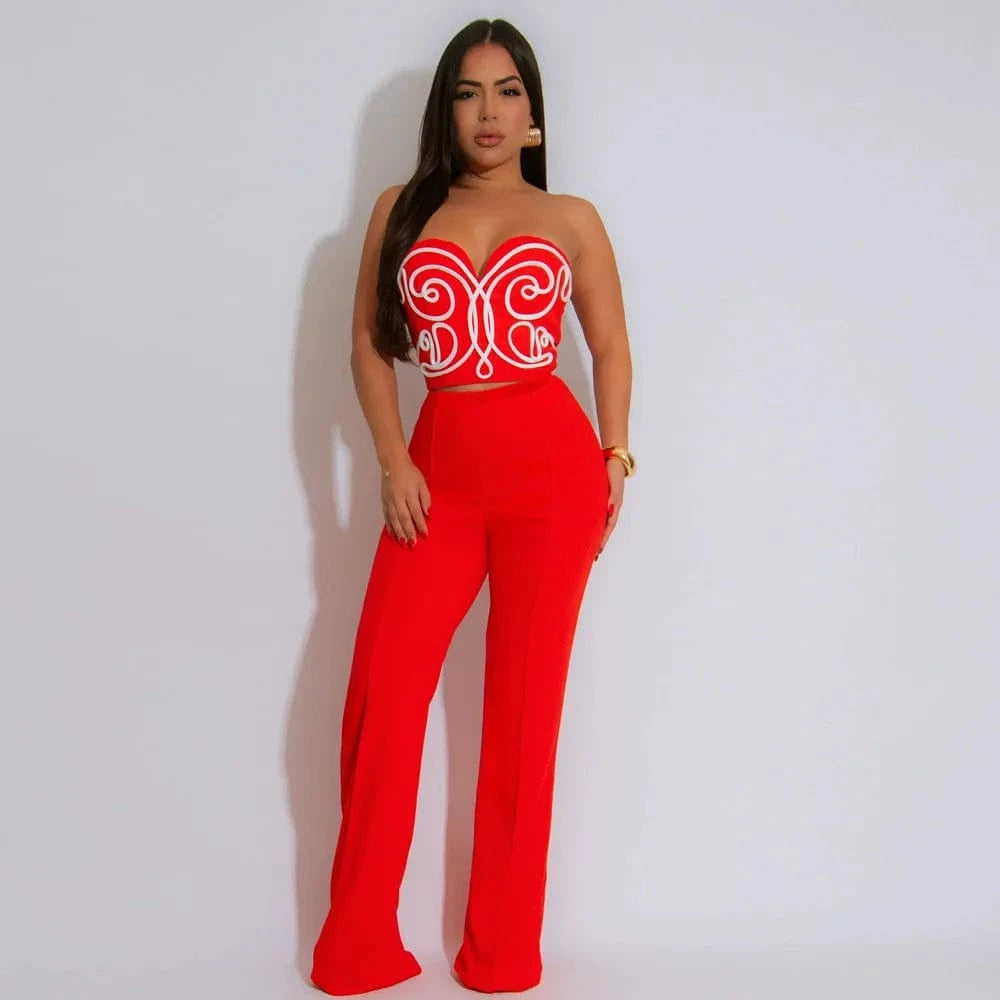 Red / L CM.YAYA Sexy Party Women's Set Striped Splicing Strapless Crop Top and Wide Leg Pants 2025 Two 2 Piece Sets Outfit Tracksuits