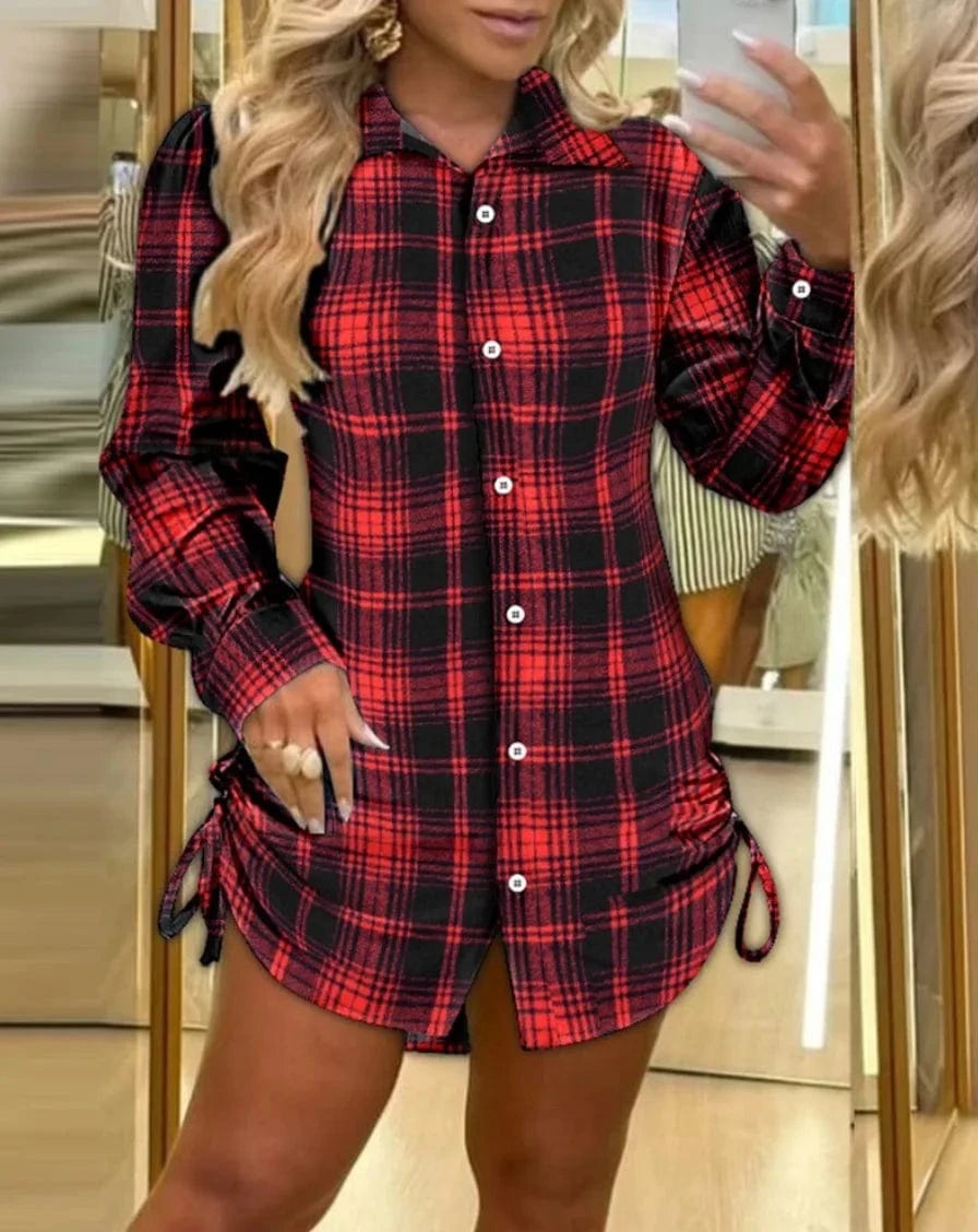 Red / L Plaid Print Button Down Shirt Dress Back Shirred Roll Tab Sleeve Side Drawstring Mini Dresses