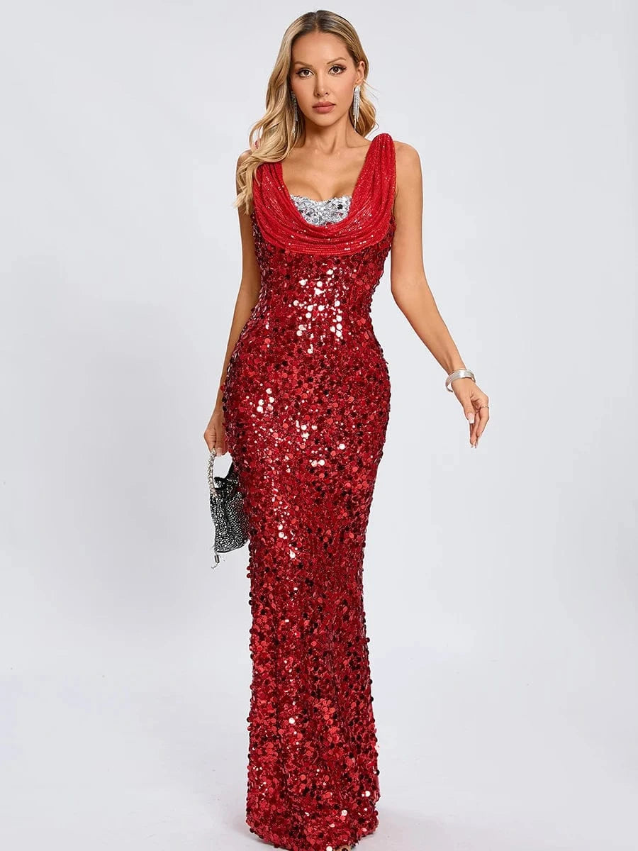 Red / M / CHINA New Women's Splicing Sequins Red Swing Collar Halter Sleeveless Dress Sexy Luxury Shiny Floor-Length Dress Fashion Banquet