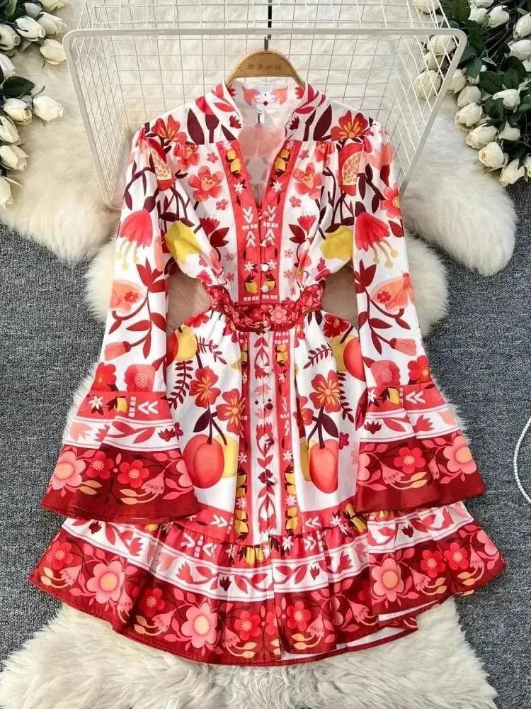 Red / M / CHINA Women Holiday V Neck Flare Sleeve Single Breasted A Line Dresses Autumn Gorgeous Flower Print High Waist Beach Floral Vestidos