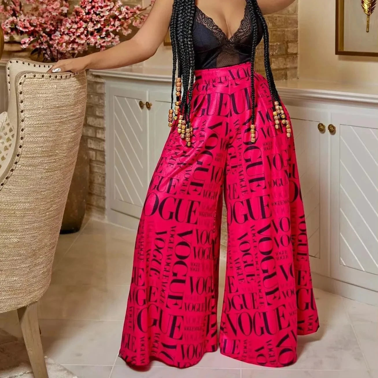 Red / M Elegant Women's Pants Summer Fashionable Printed Long Pants Loose Comfortable High Waisted Slightly Flared Pants Cargo Pants