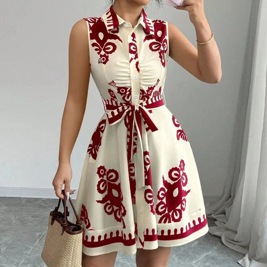 Red / M Plus Size Womens Printed Sleeveless Buttons A-Line Shirts Dress Summer Ladies Turn Down Collar Casual Holiday Sundress SizeS-2XL