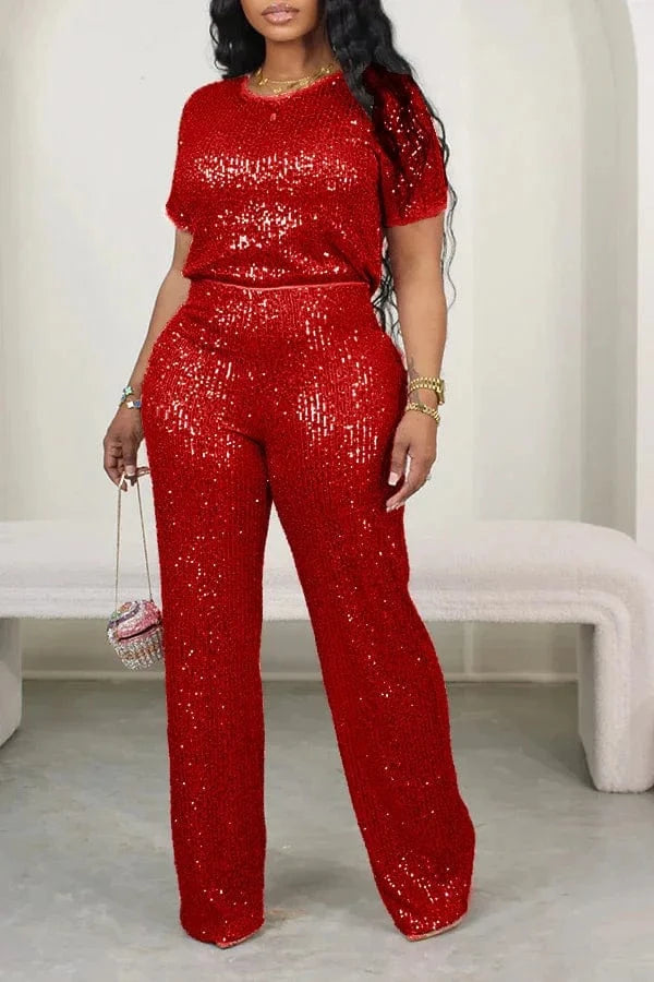 Red / M Wmstar Women Two Piece Set Spring Female Casual Shinny Sequin Round Neck Fashion Solid Short Sleeved Tshirt Wide Leg Pants Suit