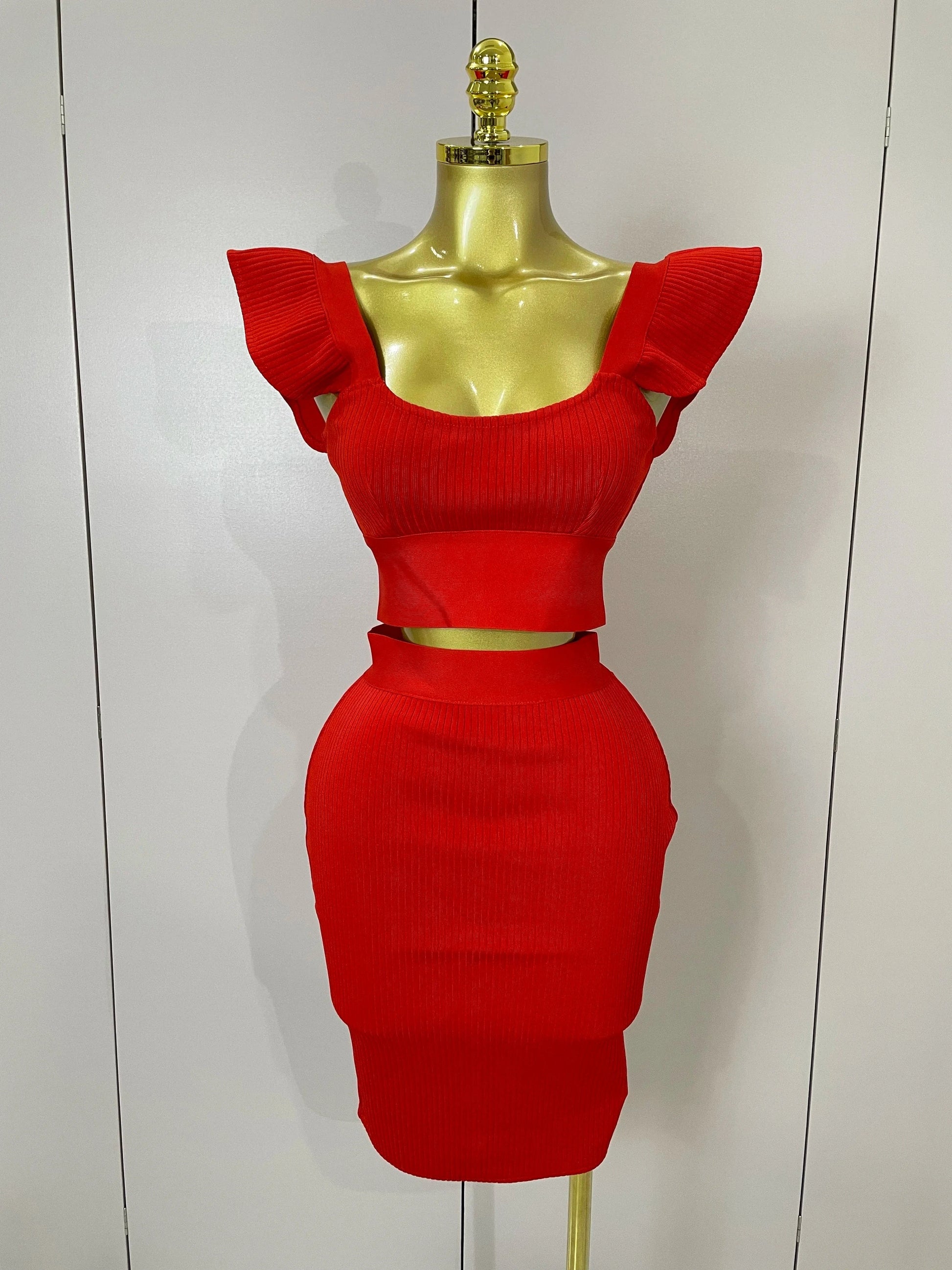 Red / M Women 2025 New Sexy Backless Ruffles Red Bandage Two Pices Set 2025 Celebrity Evening Elegance Birthday Party Dress