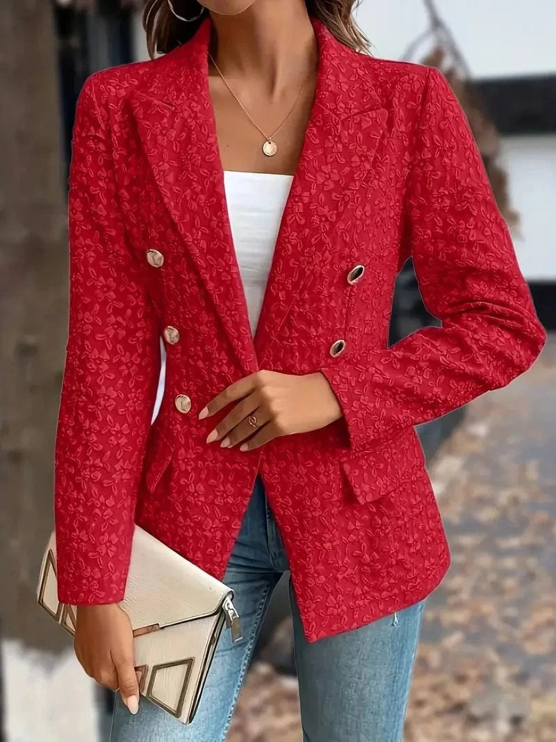 Red / M Women Fashion Blue Blazer Jacket 2024 New Office Lady Double Breasted Pockets Vintage Female Coat