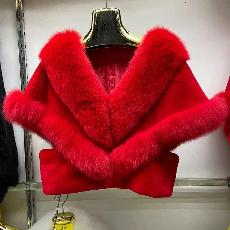 Red MWfur Fur Coat Short Women Fashion Luxury Fox Fur Trimmed Rex Rabbit Cape for Women