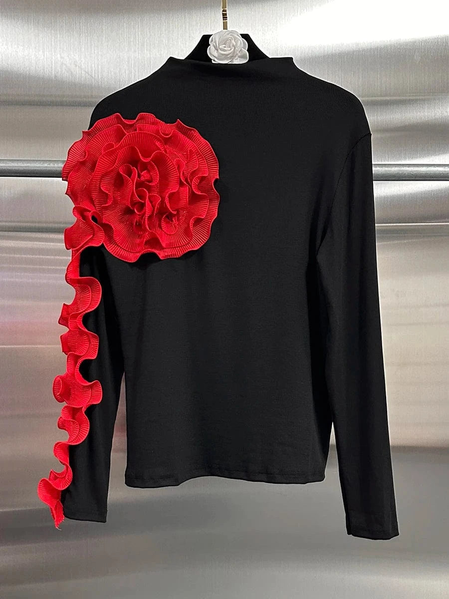 RED / One Size VGH Temperament Spliced Fungus Shirt For Women Turtleneck Petal Sleeve Slimming Chic Elegant Hit Color Blouse Female Spring New