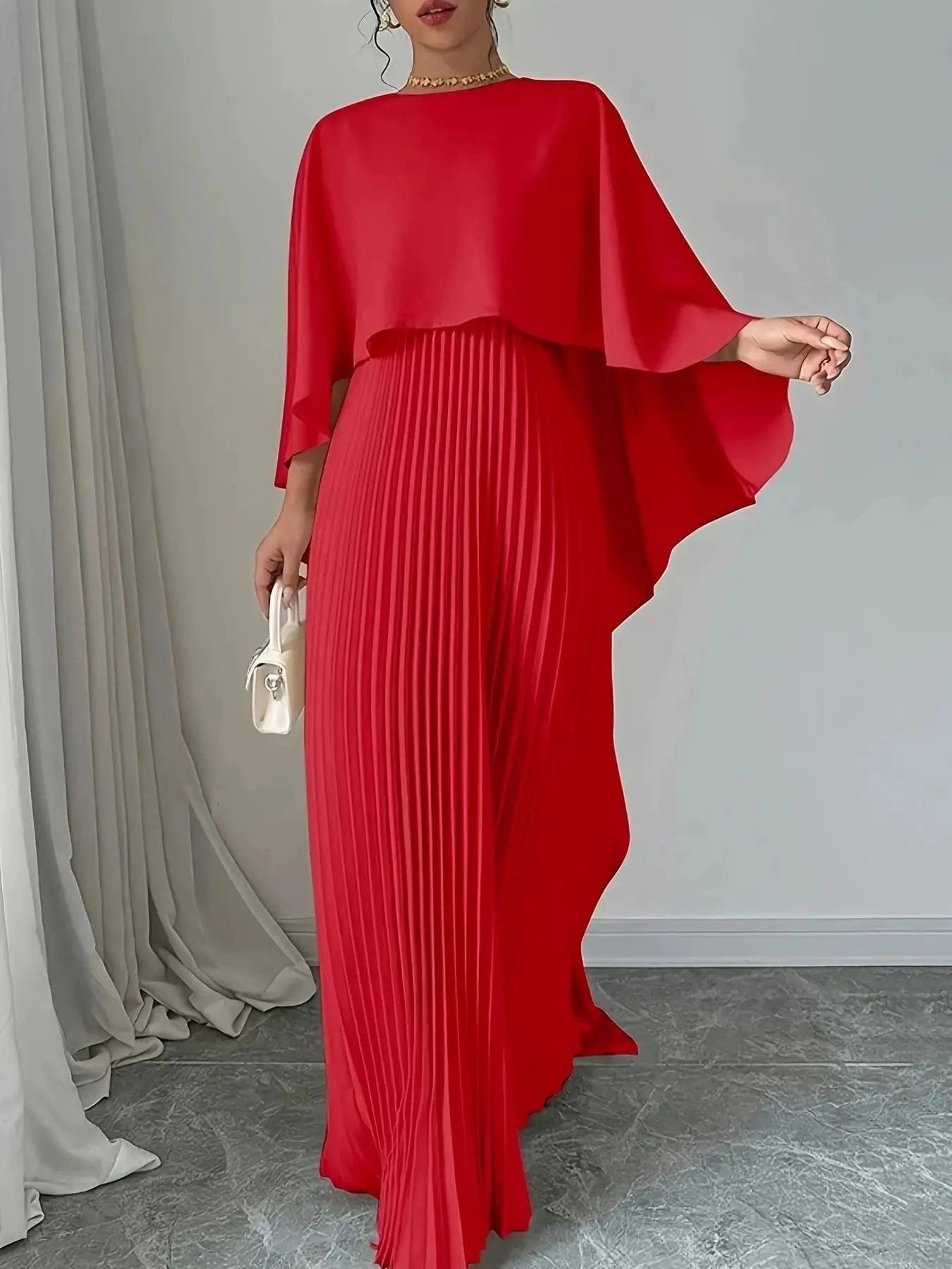 red / S 2025 New Women's Spring Summer Fashion Loose Bat Sleeve Curling Irregular Elegant Seven Inch Sleeve Long Dress