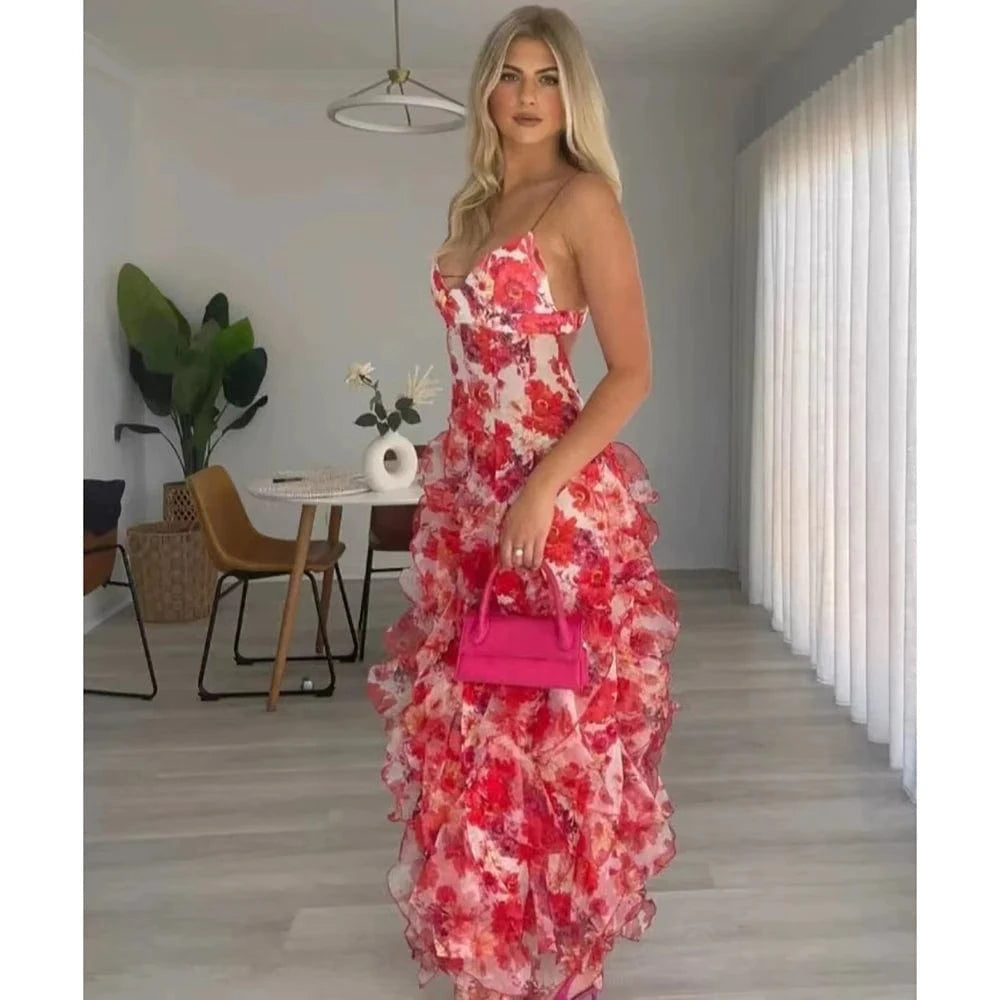 Red / S / CHINA Women's Floral Low-Cut Dress French Summer Halter Gentle Wind Dress Slimming Backless Halter Slit Out Floor-Length Dress