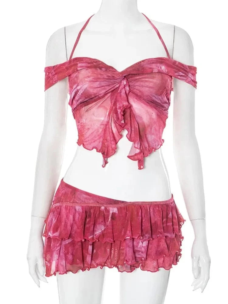 Red / S Joskaa 2025 Women's Print Beach Style 2 Piece Sets Sexy Halter Wrap Chest Tops+Irregular Mini Skirt Matching Vacation Outfits