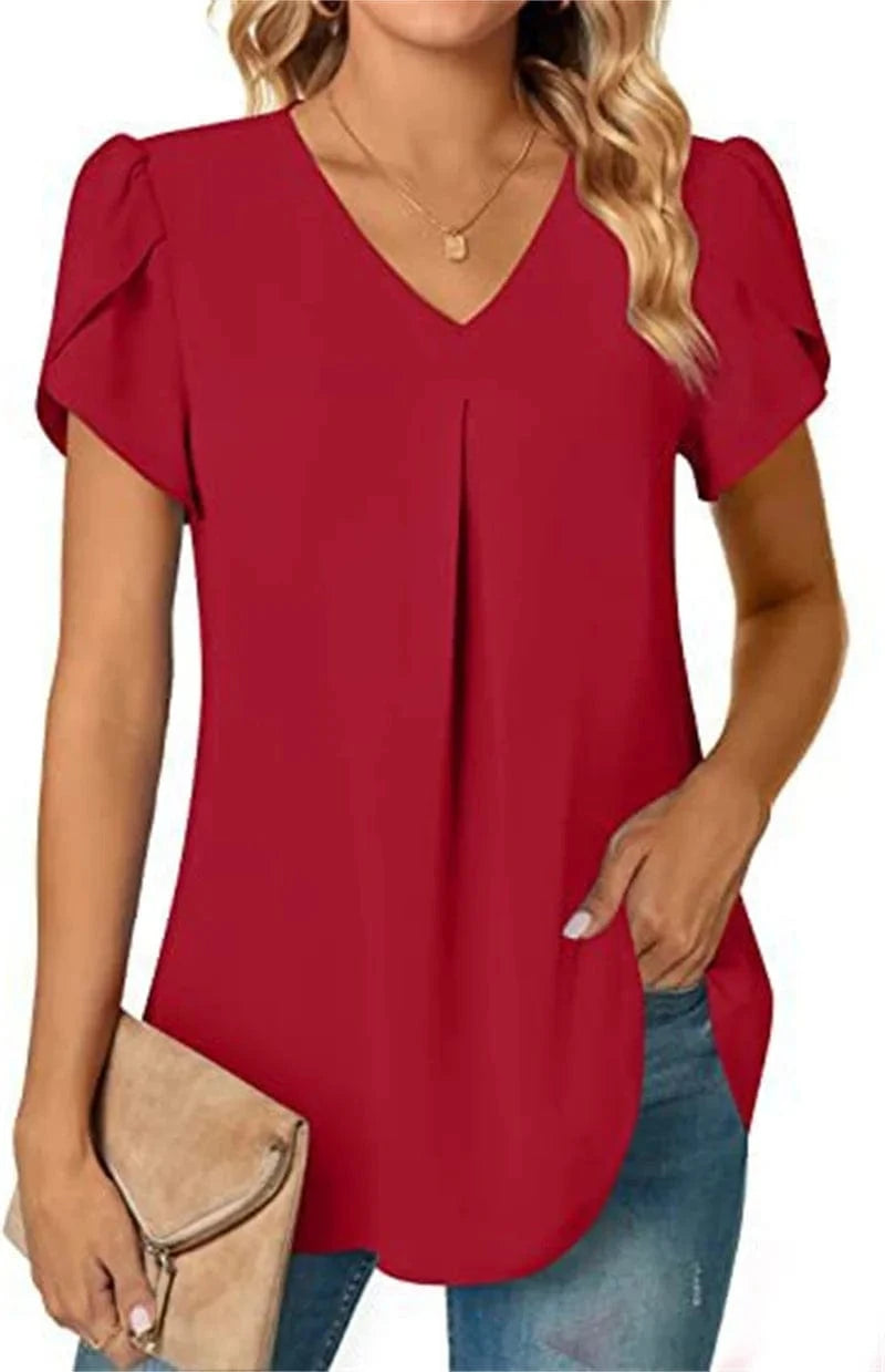 Red / S Sexy V Neck Ruffle Short Sleeve Blouse Shirts Summer Women V Neck Solid Color Loose OL Workout Blouse Tops