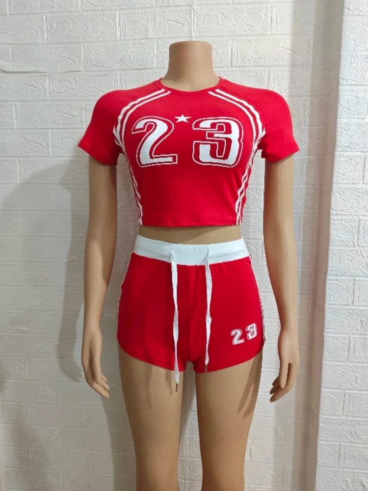 Red / S Summer Two 2 Piece Set Women Outfits Colorblock Letter Print Crop Top and Drawstring Shorts Suit Female New Streetwear Tracksuit