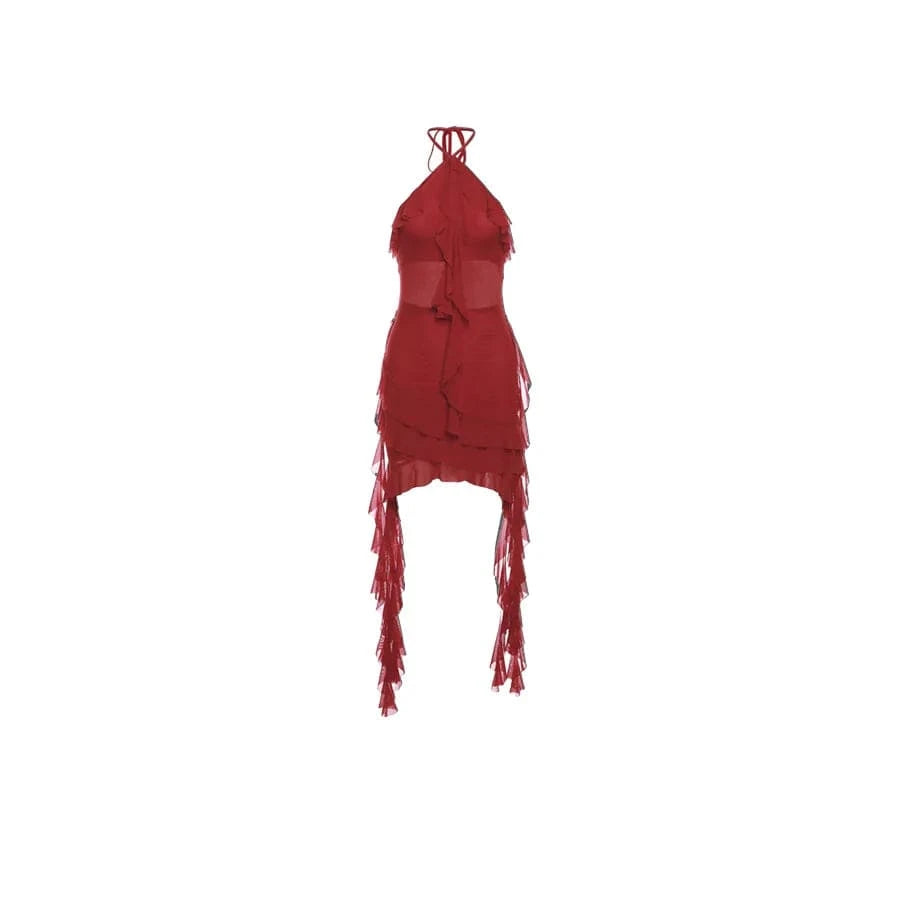 Red / S Sylcue 2024 Spring New Sweet Gentle Sexy Mature Beautiful Elegant Party Queen Women'S Short Neck Ruffled Tassel Dress