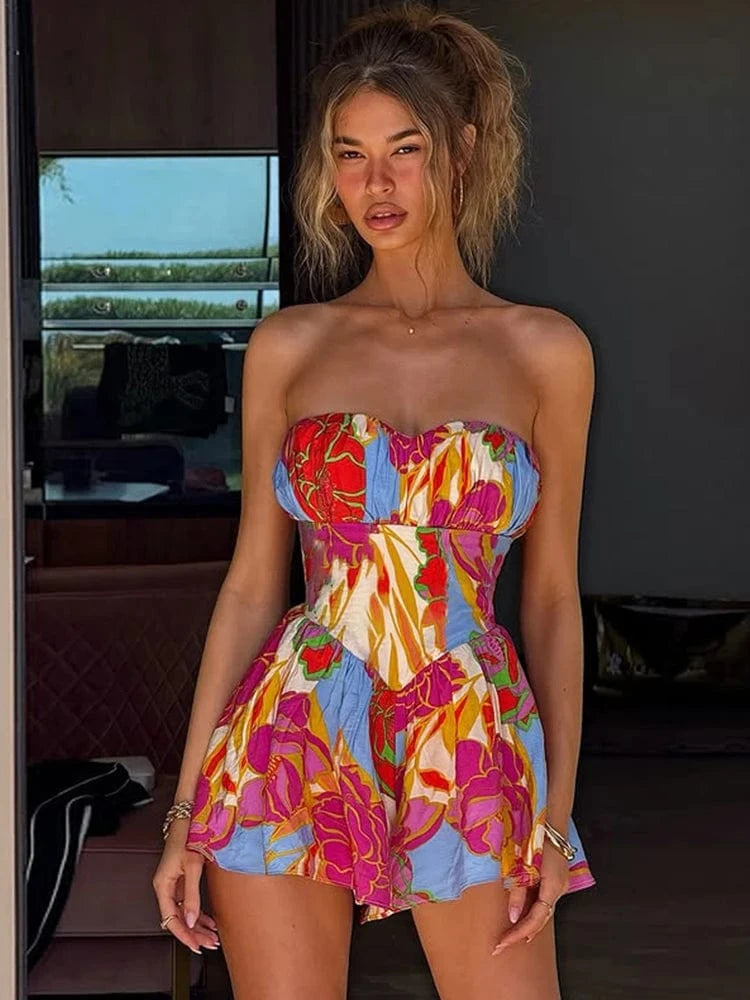Red / S Weird Puss Colorful Print Strapless Dress Women Sexy Off Shoulder Backless Ruched Ruffles Vacation Y2K Sweet Style Mini Bodycon