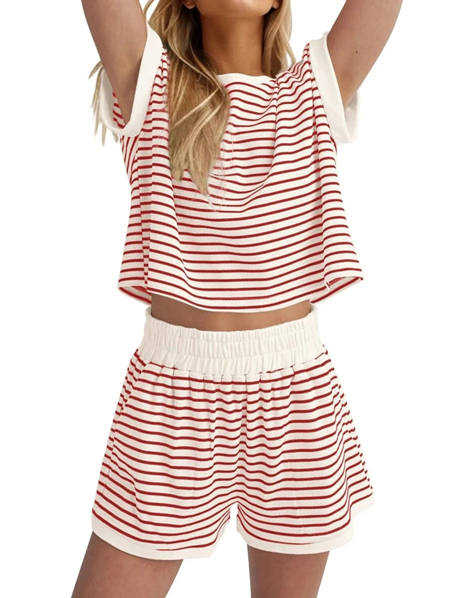 Red / S Women’s Casual 2 Piece Outfits Summer Short Sleeve Stripes Print Tops + Elastic Waist Shorts Set Loungewear for Sports Work Out