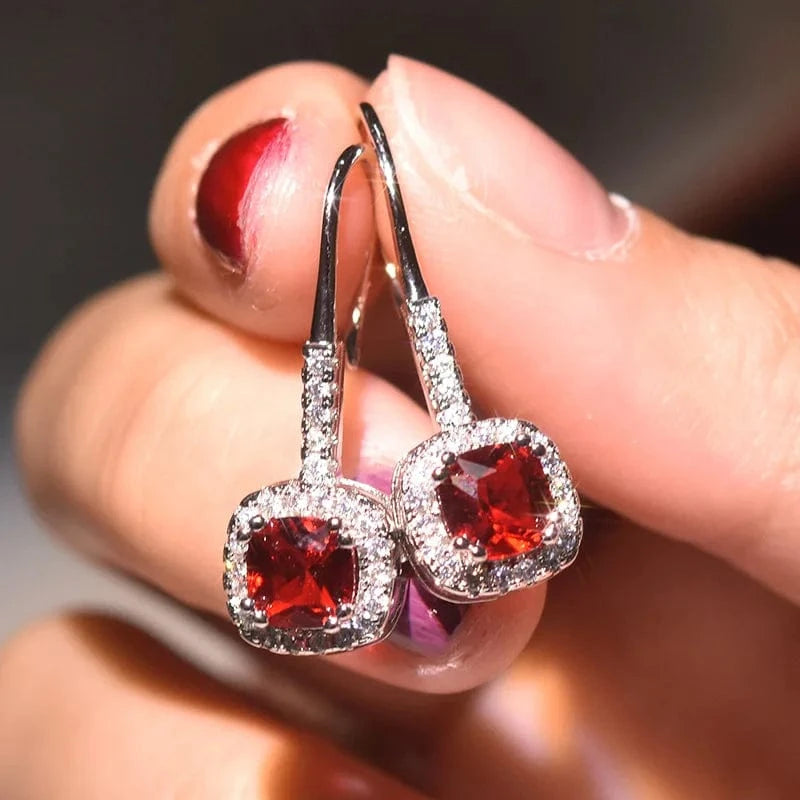 Red S925 Silver Color Diamond Earring for Women Luxury Blue Sapphire and Ruby Topaz silver Jewelry Gemstone Diamond Stud Earrings