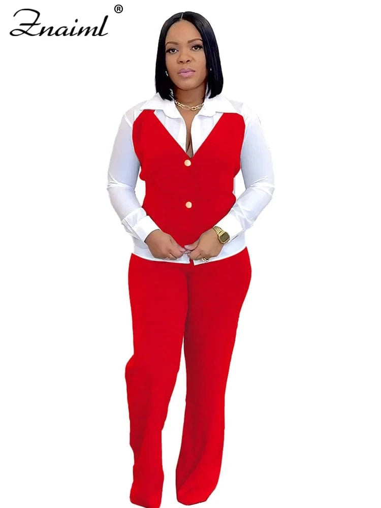 red sets / L Znaiml Elegant Office Women's Long Sleeve Patchwork Vest Shirt and Straight Pants Two 2 Piece Sets Work Suits Matching Outfits