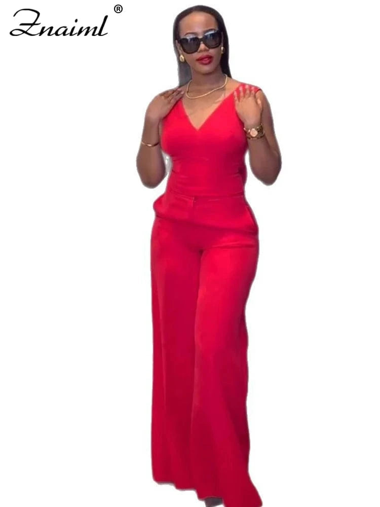 red sets / XXXL Znaiml Casual Wide Leg Pants Set Women Summer Sleeveless V Neck Backless Bowknot Tops Two 2 Piece Outfits Elegant Vacation 2025