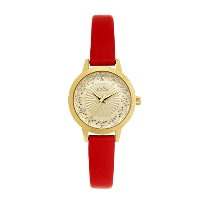 Red Small Rhinestones Julius Lady Women's Watch Japan Quartz Elegant Fashion Hours Bracelet Leather Girl's Gift No Box