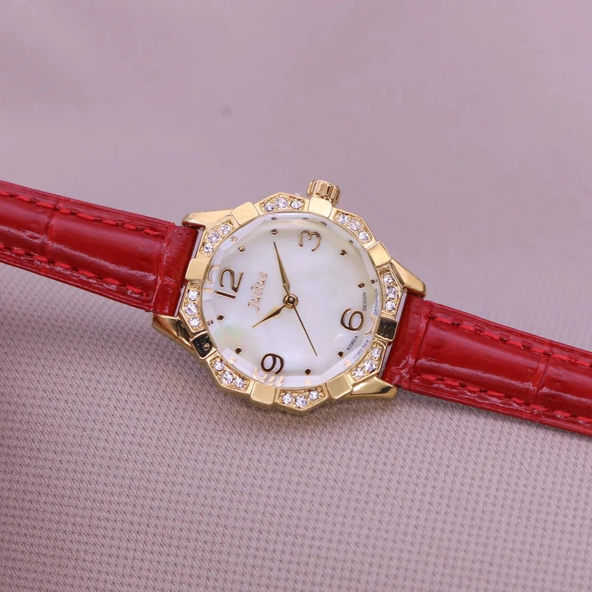 Red Small Rhinestones Julius Lady Women's Watch Mother-of-pearl Japan Quartz Fashion Hours Bracelet Leather Girl's Gift No Box